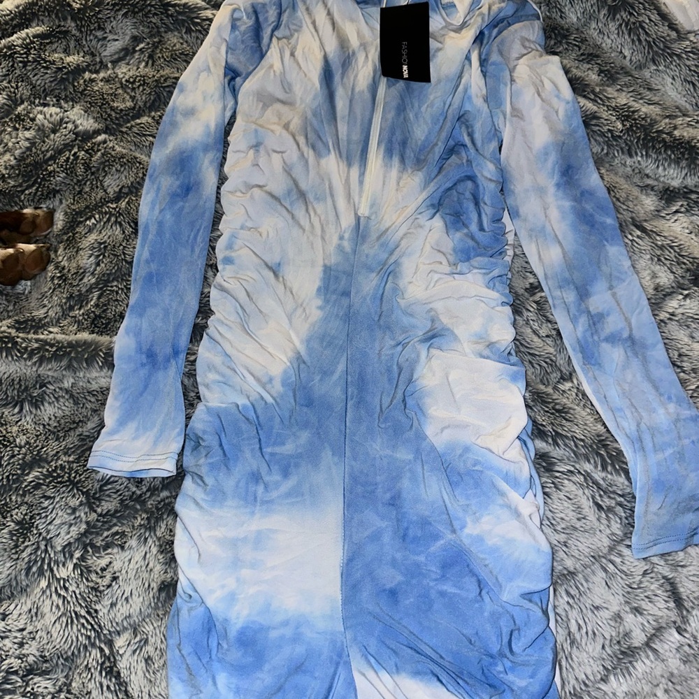 Fashion Nova Blue and White Tie-Dye Jumpsuit